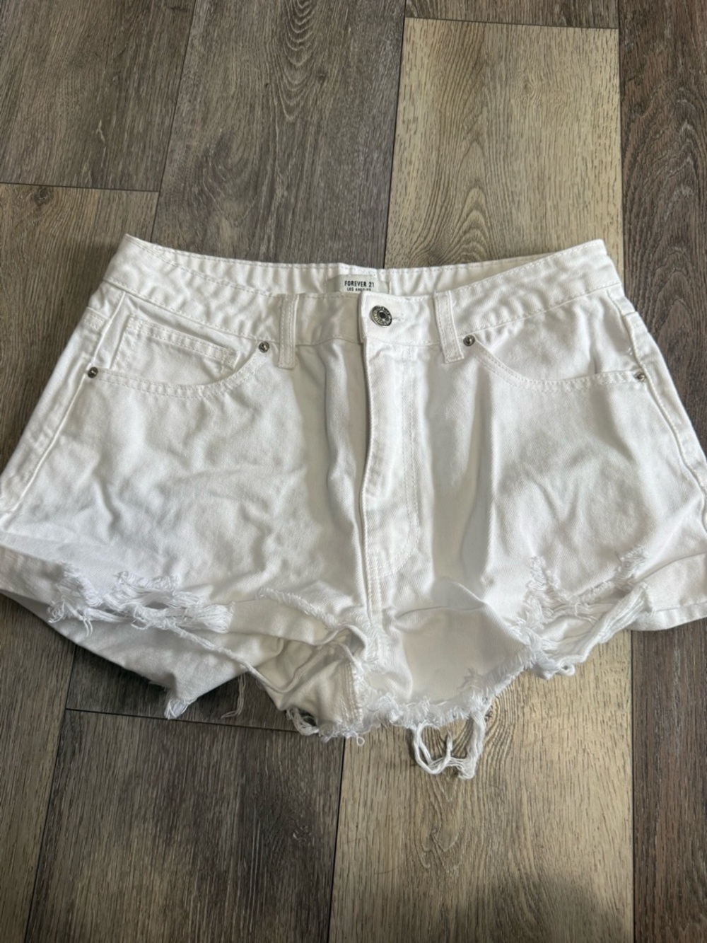 Forever 21 White Distressed High-Rise Denim Shorts